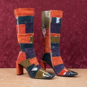 Jeffrey Campbell Wmn Patchwork Patent Leather Retro Vintage Zip Knee Boots sz 10